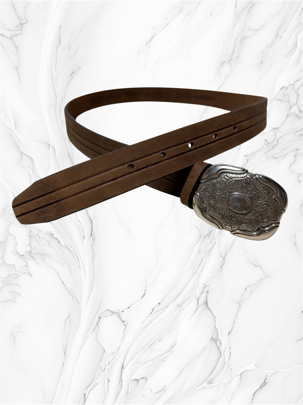 Liz Claiborne Brown Leather Belt with Ornate Silver Buckle size 36”